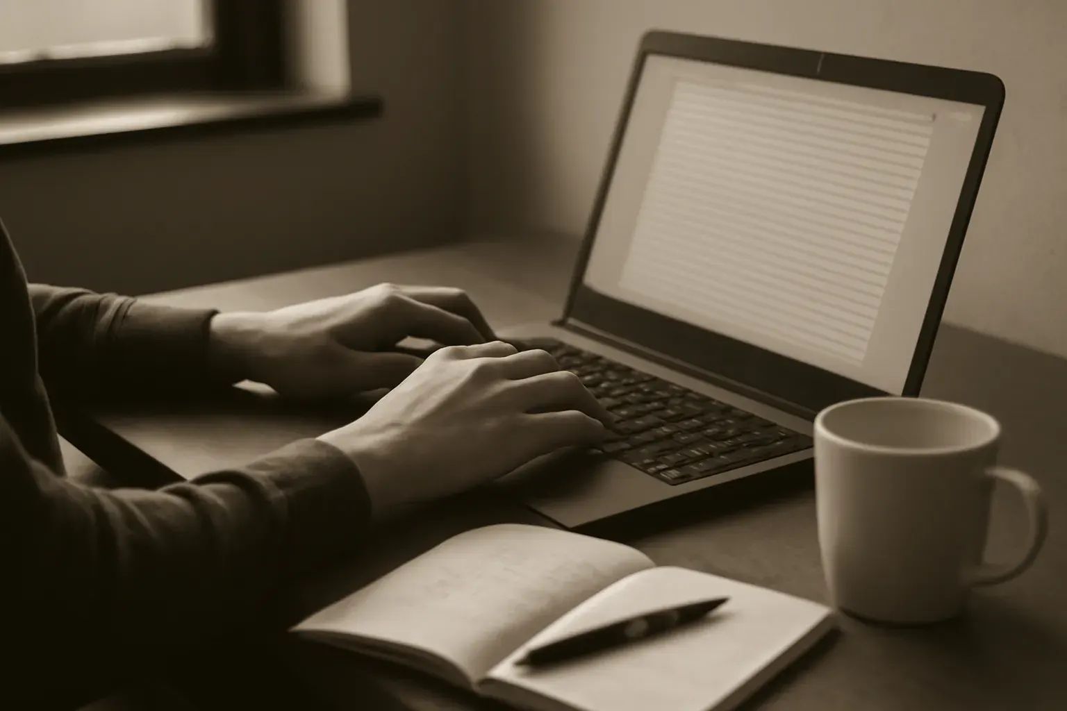 A workspace desk, treated in a green-and-ink duotone.